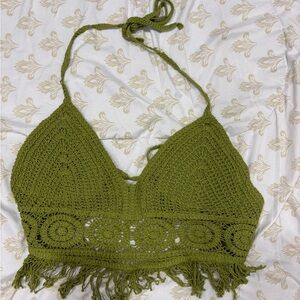 Sans Souci Olive Green Crochet Halter Crop Top